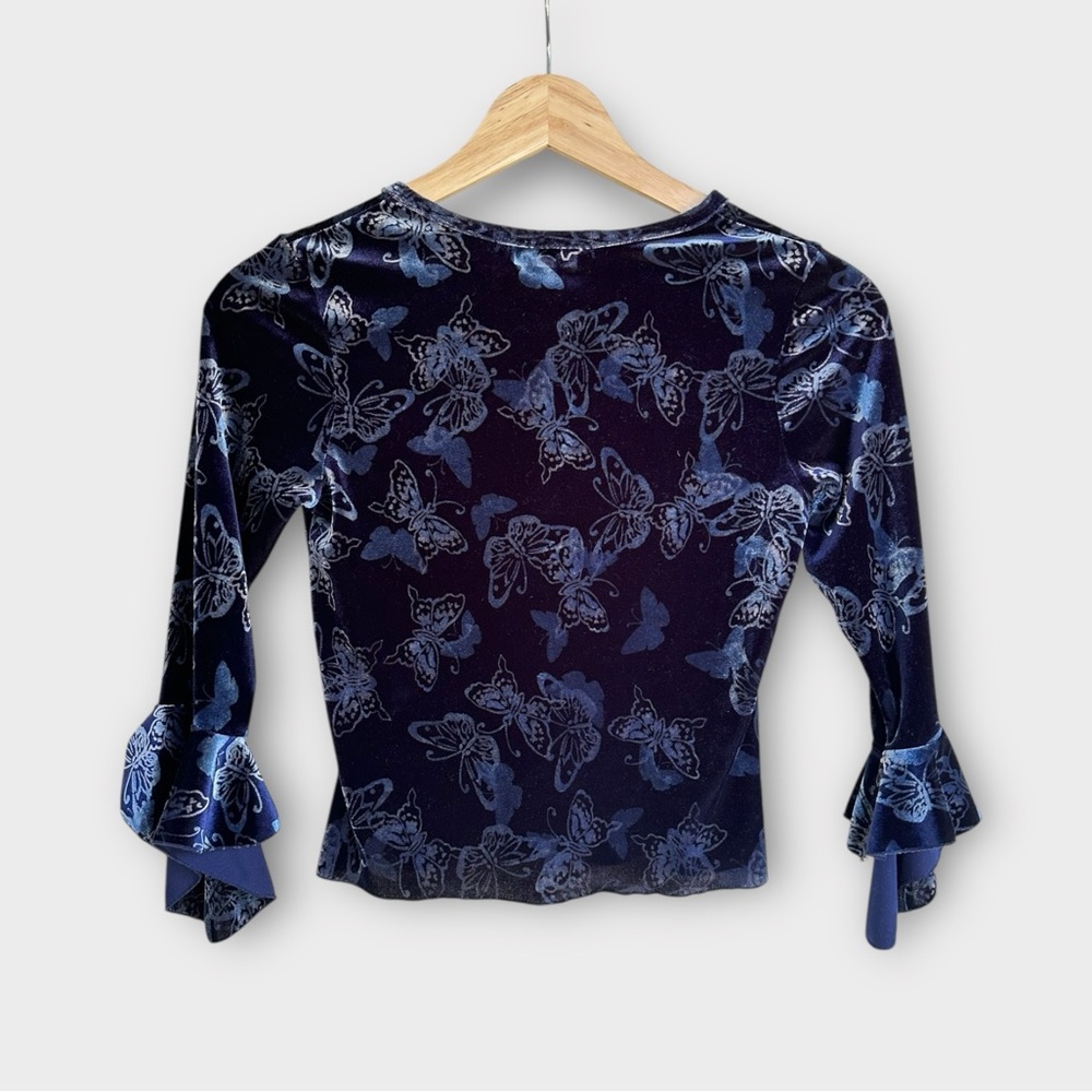 Vintage Y2K Velvet Stretch Butterfly Notch Neck Crop Top - Picture 2 of 6